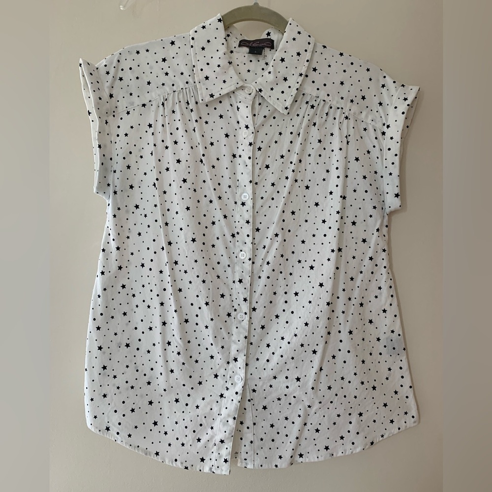 METRIC New York White And Blue Stars Patriotic Blouse Top Shirt S